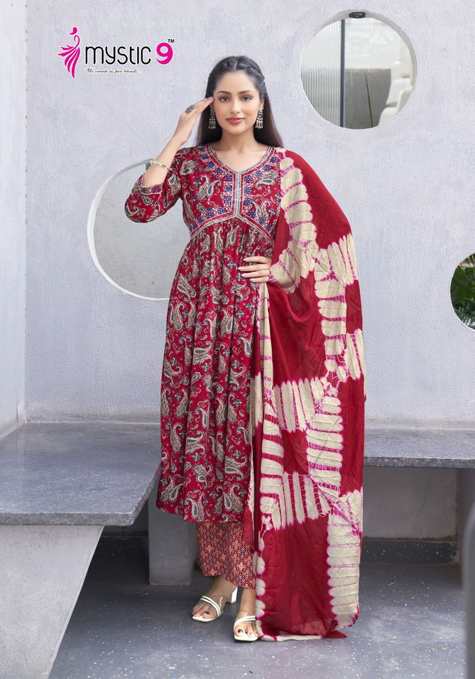 Pooja Vol 6 By Mystic 9 Rayon Aliya Cut Kurti With Bottom Dupatta Wholesale Online
